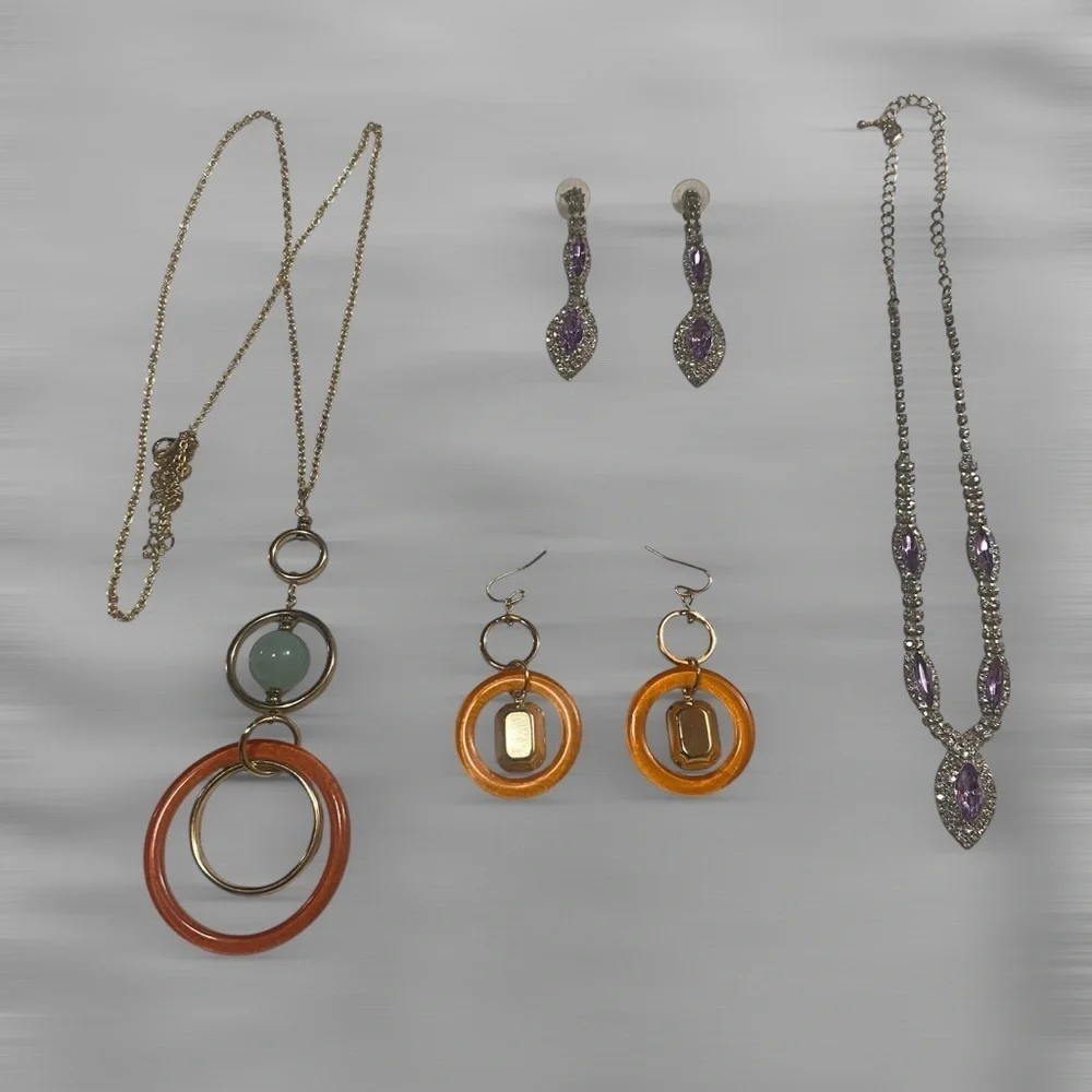 Elegant Vibrant Colors Crystal Pendant Necklace & Earrings Set of 4